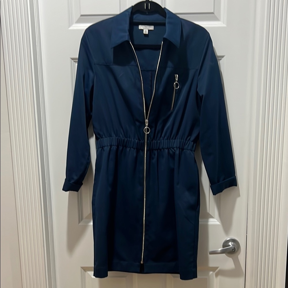 Halston Blue Long Sleeve Notched Collar Shirt Dress